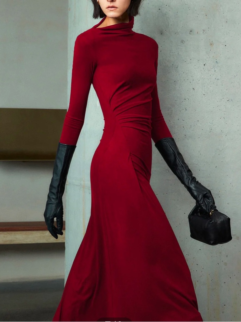 Commense Burgundy Twist-Front Long Sleeve maxi Dress. Bodycon Asymmetrical
